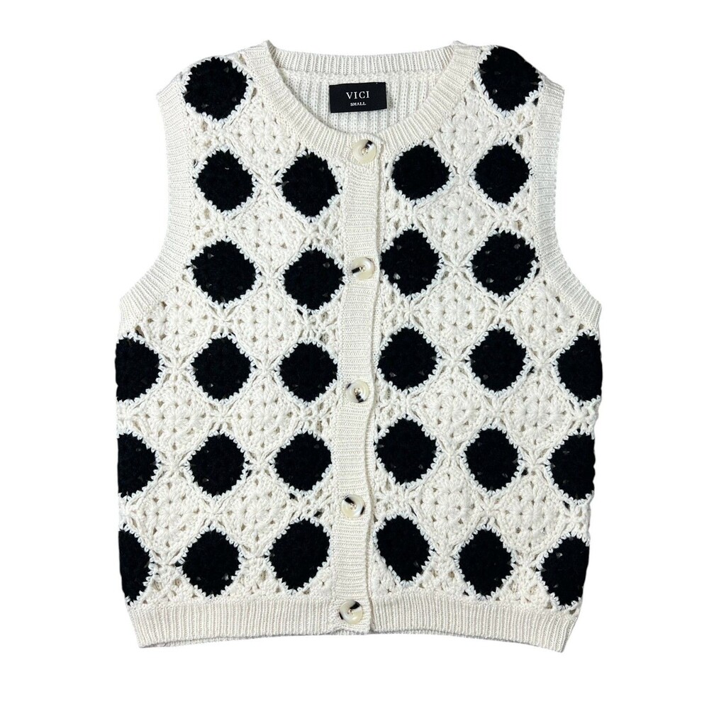 VICI Women's Boho Black & Ivory Crochet Button Up Sweater Vest  Size S  NWOT